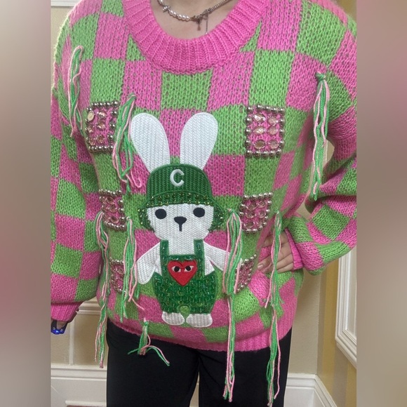 NWOT Pink and Green Checkered Sweater with Bunny Design - Picture 4 of 12